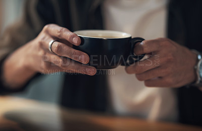 Buy stock photo Hands, business and man with coffee, relax and professional with espresso. Closeup, person and entrepreneur in restaurant, cappuccino and calm with mocha brew, start day and morning with herbal tea