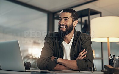 Buy stock photo Laptop, research and smile with business man in office for planning, happy and client feedback. Communication, night and email with person in creative agency for web design, virtual advisor and app