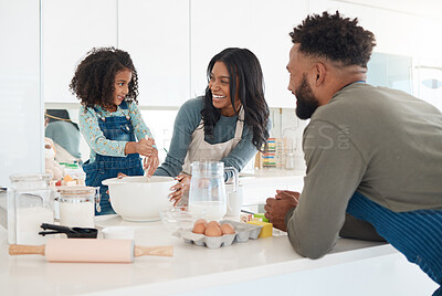 Buy stock photo Parents, daughter and happy for baking in kitchen with mixing ingredients, bonding together or cake recipe. Love, african people and cooking with dessert preparation, development and learning support
