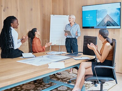 Buy stock photo Celebration, presentation and applause for business woman with tablet for support, praise or achievement at startup. Happy team, architect and clap for congratulations on construction project success