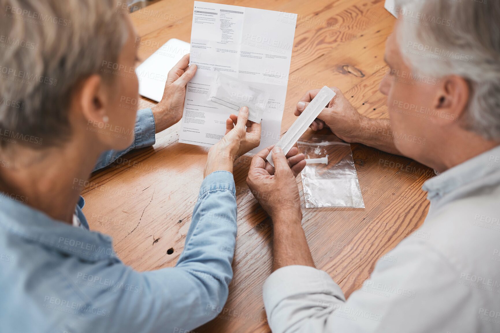 Buy stock photo Old couple, documents and pcr covid test, health and testing for corona virus diagnosis at home. Covid 19, healthcare and senior, retired man and woman with medical kit for self screening in pandemic