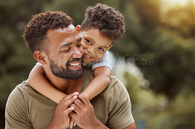 Buy stock photo Family, love and father with son at a park, relax and embrace while enjoying quality time, bonding and fun in nature. Black family, kids and parent hug, smile and enjoy free time and a walk in forest