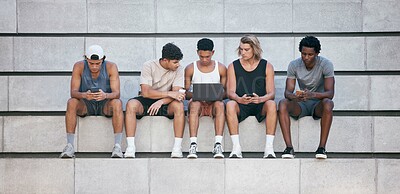 Buy stock photo Laptop, phone and diversity friends with technology for online, internet or web search for digital news, blog or social network app. Mobile connection, concrete steps and group of social media user