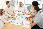 Documents, graphs and business people in meeting for analysis, talking and planning. Teamwork, strategy and group in discussion, speaking and working on infographics, analytics and financial report