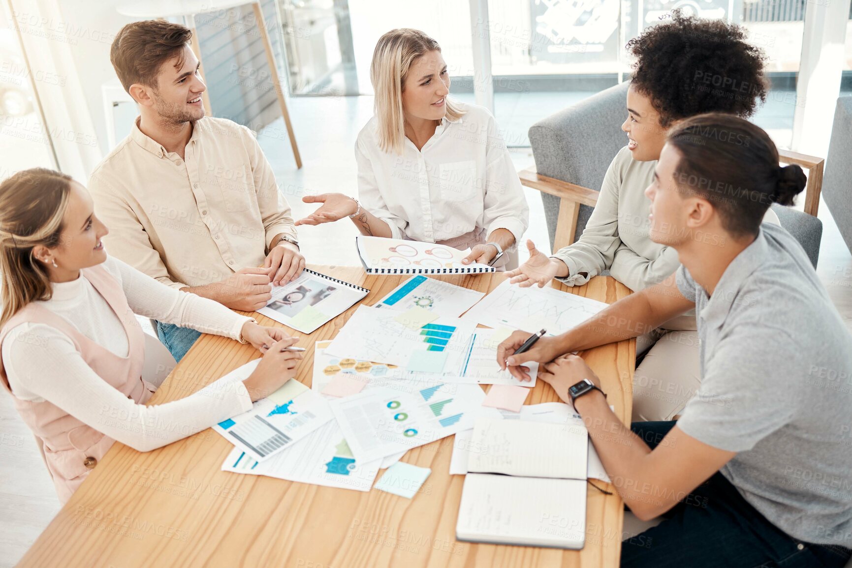 Buy stock photo Documents, graphs and business people in meeting for analysis, talking and planning. Teamwork, strategy and group in discussion, speaking and working on infographics, analytics and financial report