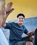 Men, people or friends in high five at skate park for fun, excited or motivation in Brazilian skating challenge. Smile, happy skaters or bonding skateboarders in success, winning or cheering gesture