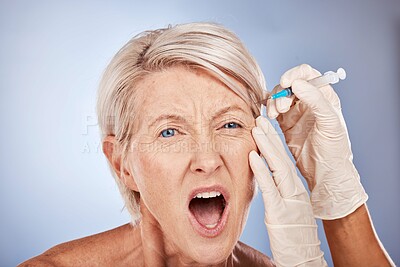 Buy stock photo Botox, face surgery or senior woman in pain getting plastic surgery injection, medical skincare or healthcare facial product. Medicine, aesthetic or skin dermatology beauty spa, wellness model or prp