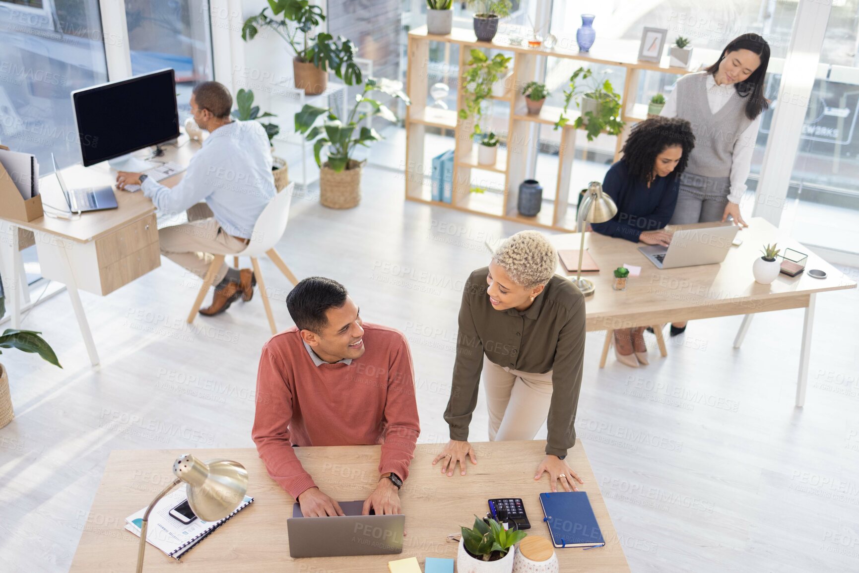 Buy stock photo Leadership, black woman or manager coaching a worker in startup or group project in a digital agency. Team work, laptop or employee helping, talking or speaking of our vision or branding direction