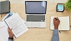 Research, mockup and laptop screen with hands of lawyer in office for writing, justice and legal documents. Books, website and advocate with closeup of person in office for attorney and technology