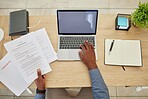 Legal paperwork, lawyer hands and top view of desk, laptop mockup with contract and deal agreement. Documents, technology and notebook, person at law firm and workspace, website and notary report