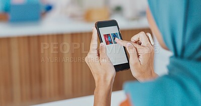 Buy stock photo Online shopping, phone screen scroll and woman reading information on retail website. Digital app, ux and ecommerce, Muslim girl with smartphone checking internet sale for sports fashion for delivery