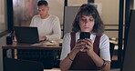 Smartphone, office and business woman with social media networking, feedback and online review of data analytics, seo and app management. Focus, typing and digital marketing worker on cellphone chat