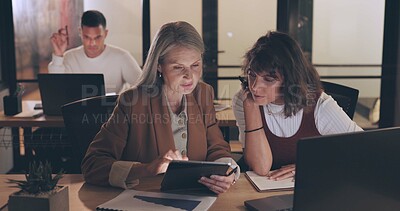 Buy stock photo Laptop, tablet and business people teamwork on night project, digital finance portfolio or feedback review of stock market research. Financial economy, investment collaboration and trading in office