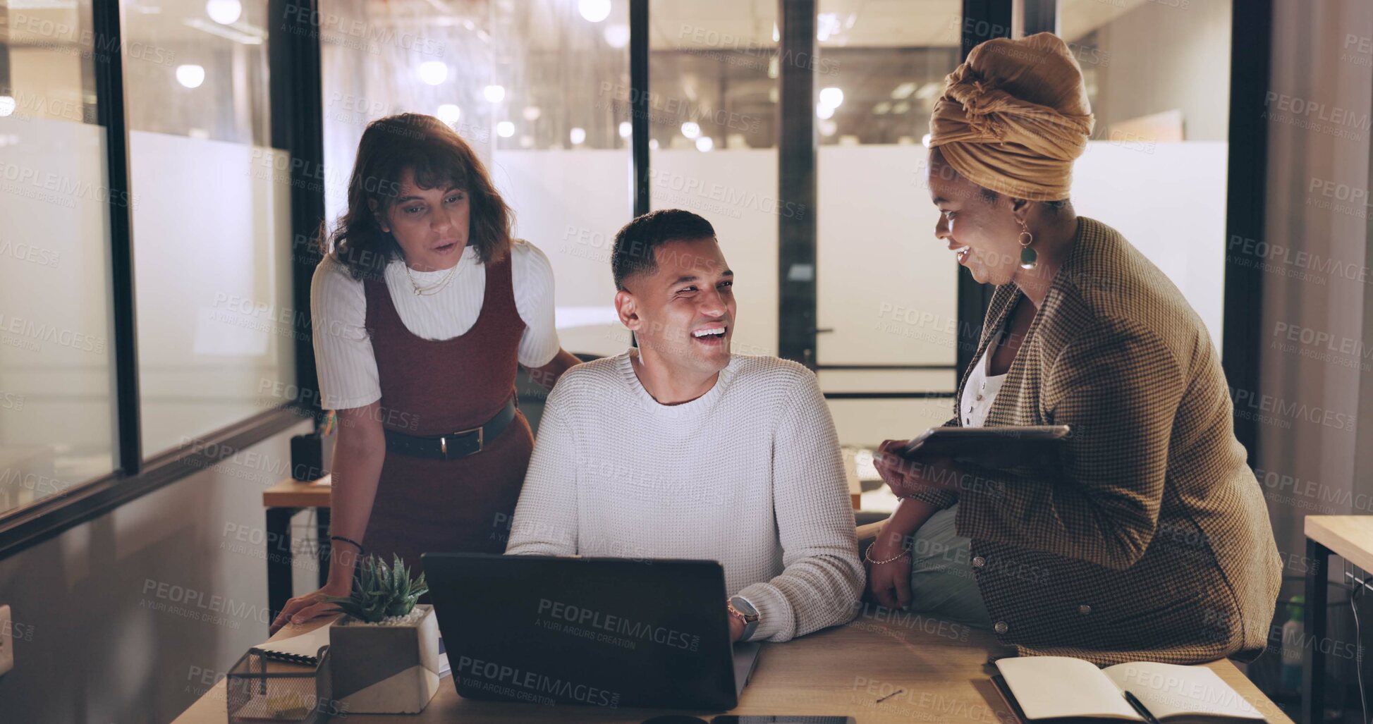 Buy stock photo Business people, laptop and teamwork on night project, digital finance portfolio or feedback review of stock market research. Financial economy, investment collaboration and trading in office