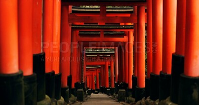 Buy stock photo Japan, red torii gates and path in Fushimi inari-taisha for vacation, holiday or walkway for tourism. Pathway, Shinto religion and shrine in Kyoto for traditional architecture or spiritual culture