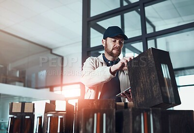 Buy stock photo Courier, tablet and packaging in warehouse with check for beer, stock and inventory for Oktoberfest in Munich. Man, storage and boxes for delivery with alcohol, touchscreen and app for supply chain