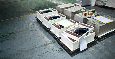 Buy stock photo Books, pallet and floor in factory with paper for manufacturing, supply chain and stock for publication. Print media, magazine and distribution in warehouse for export, copyright business or delivery