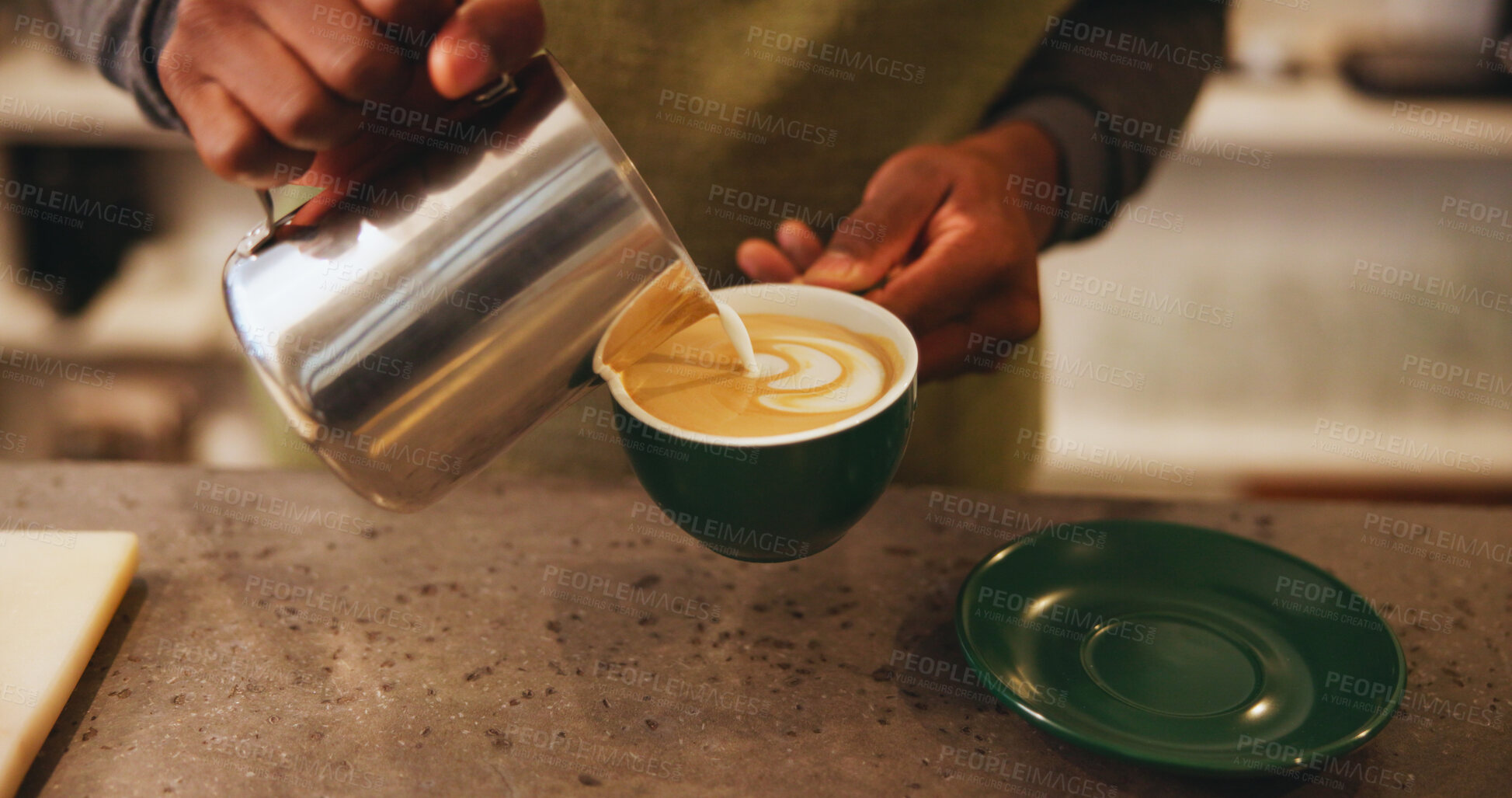 Buy stock photo Cup, hands and latte art with barista at coffee shop counter for hospitality or service closeup. Beverage, creative and drink with care or restaurant employee in startup cafe for small business 