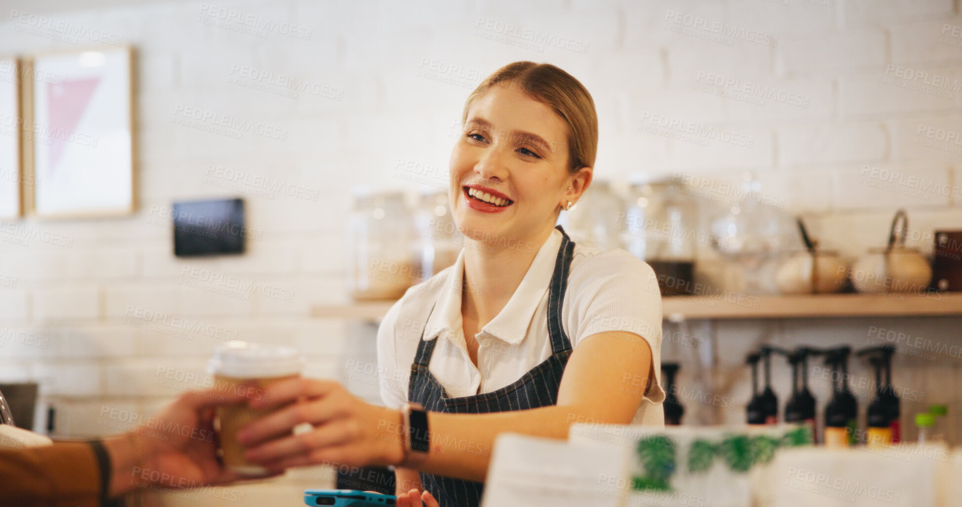 Buy stock photo Cafe, woman and business owner with coffee for order, sale or customer service. Entrepreneur, waiter or barista with POS machine for payment, retail checkout and ecommerce technology in cafeteria
