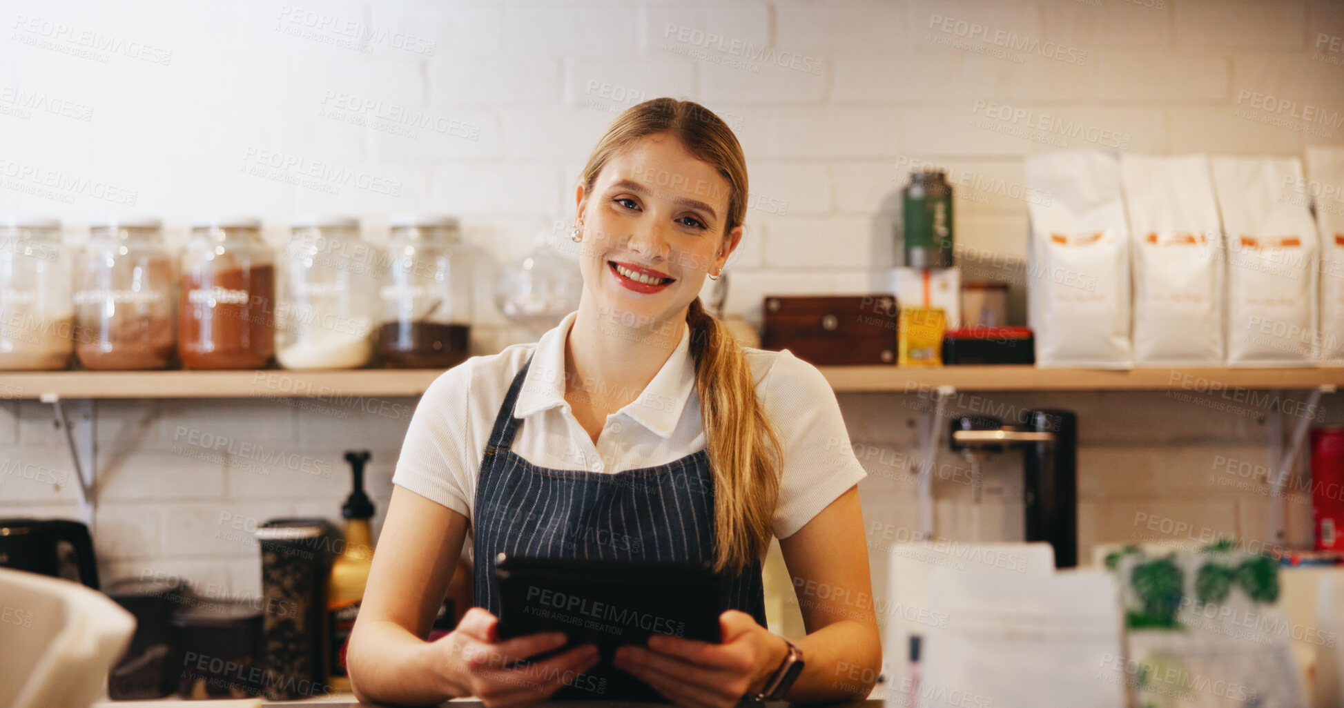 Buy stock photo Tablet, portrait and waitress in coffee shop for online menu for order on app for hospitality service. Inventory, reading and female barista with digital technology for stock list in restaurant.