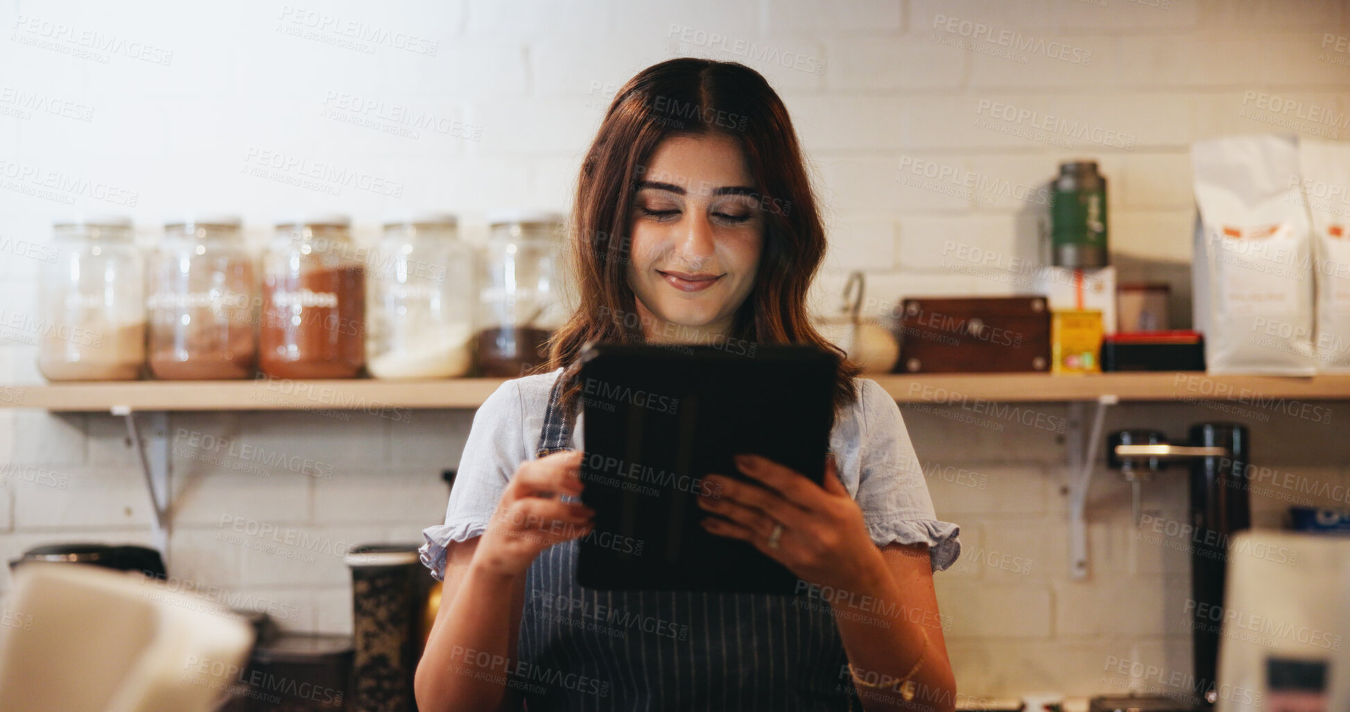 Buy stock photo Tablet, woman and waitress in cafe for online menu for order on app for hospitality service. Inventory, reading and female barista with digital technology for stock list in coffee shop or restaurant.