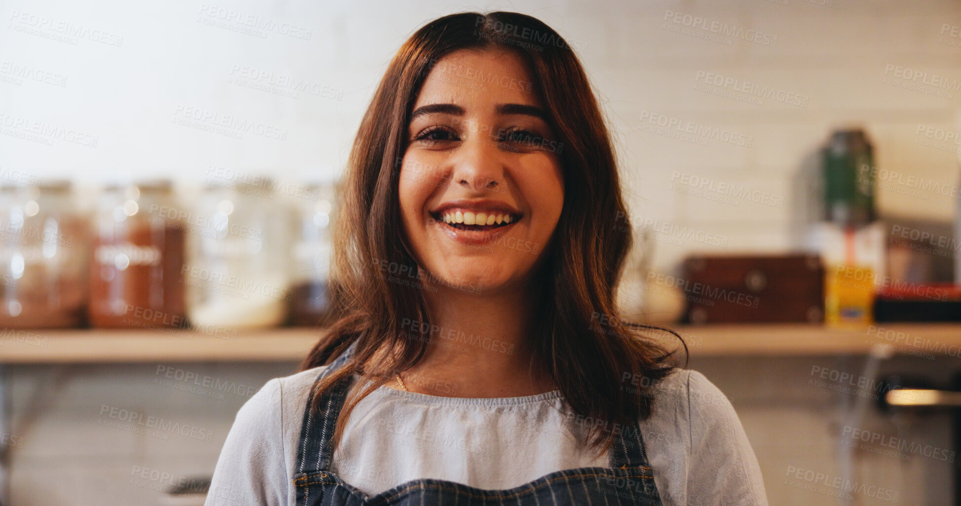 Buy stock photo Smile, woman and portrait of waitress in coffee shop with confidence for hospitality career. Happy, pride and face of barista from Australia with positive attitude for service in cafe or restaurant.