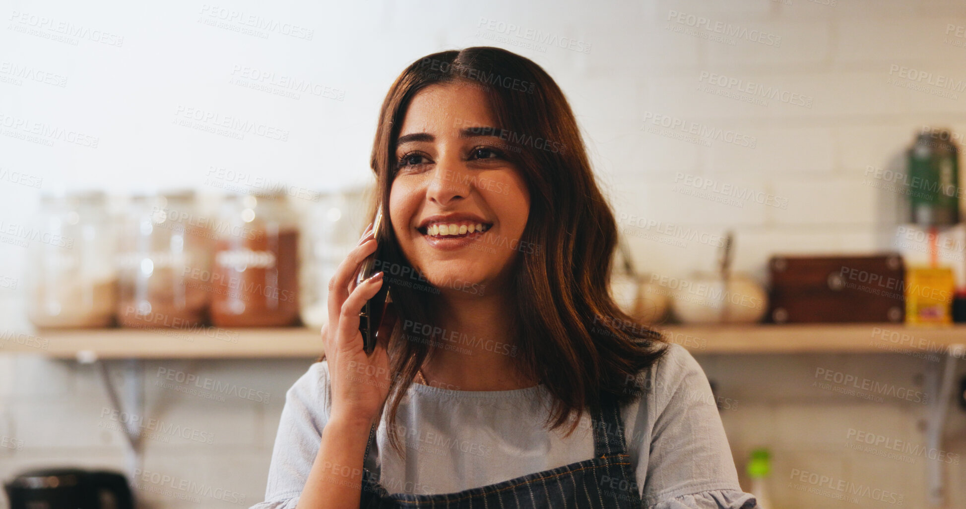 Buy stock photo Cafe, woman and business owner with phone call for restaurant management, orders or customer service. Entrepreneur, waiter or barista with digital technology for coffee shop, startup or ecommerce