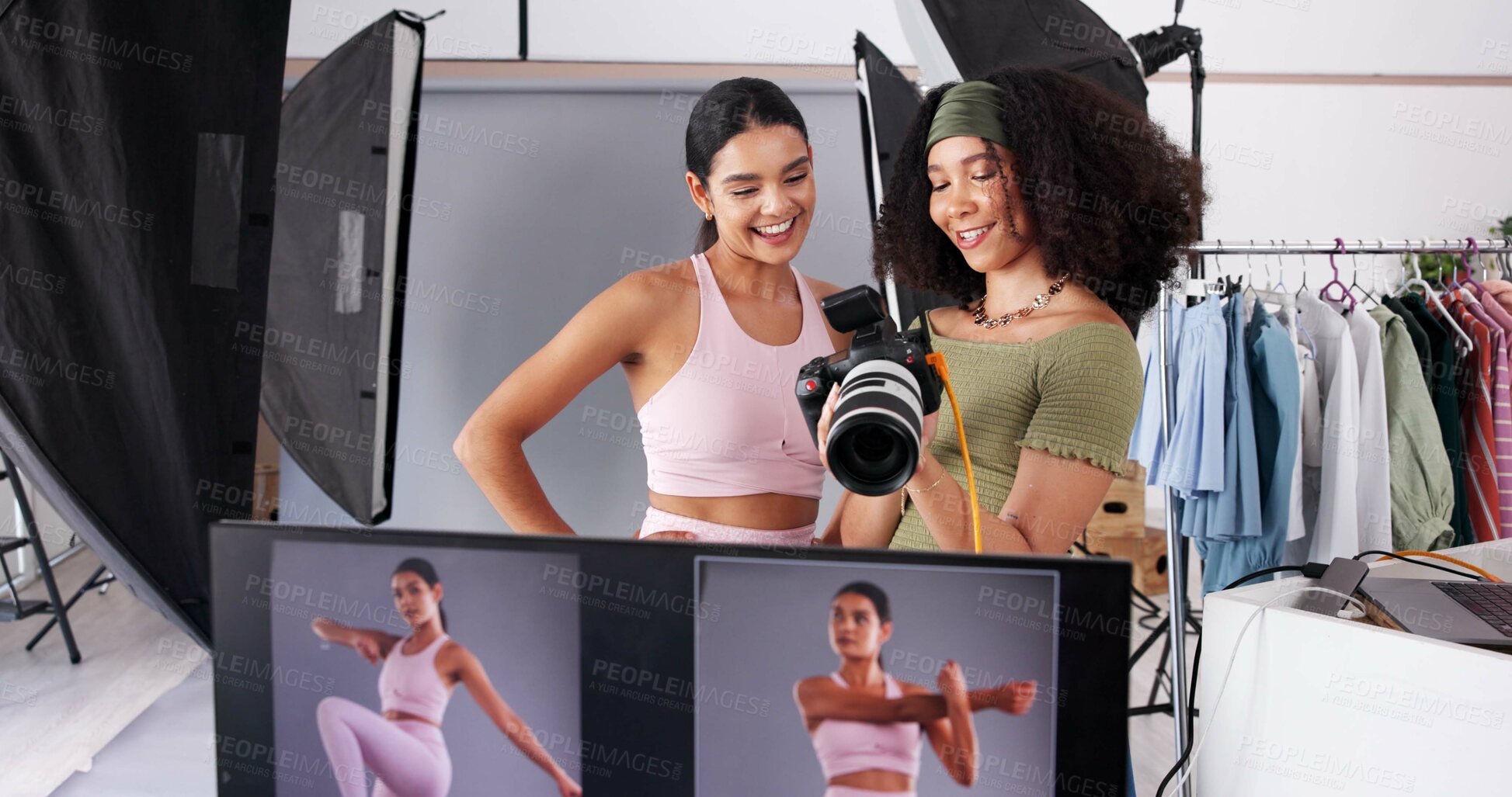 Buy stock photo Photography, team and model with women in studio for branding campaign, athleisure fashion line or promotion. Behind the scenes, ecommerce photoshoot or media launch with people on set for project