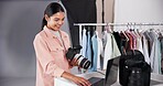 Woman, laptop or camera in studio for photography, fashion advertising or behind the scene. Photographer, happy or tech in digital agency for catalog shoot, content creation or videography production