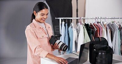 Buy stock photo Woman, laptop or camera in studio for photography, fashion advertising or behind the scene. Photographer, happy or tech in digital agency for catalog shoot, content creation or videography production