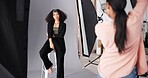 People, model or camera for photoshoot on set, collaboration and instructions for shooting. Women, female photographer and pictures for fashion magazine, aesthetic image and media agency backstage