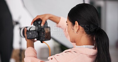 Buy stock photo Woman, photographer or camera for photoshoot on set for production, videography or shooting. Backstage, female entrepreneur and equipment for pictures for fashion magazine, image and media agency