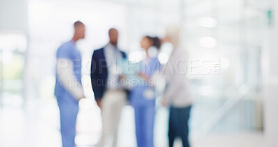 Buy stock photo Blur, doctors and group in hospital, hallway and medical insurance with teamwork, advice and conversation. People, employees and professional in clinic, healthcare and decision with choice and help