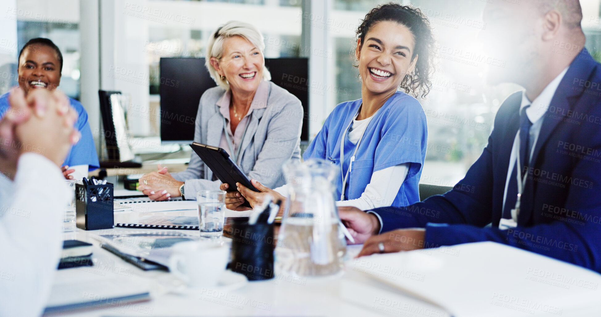 Buy stock photo Boardroom, healthcare and laughing with hospital manager speaking to staff for medical planning. Administration, funny and management with happy medicine professional talking to team in clinic