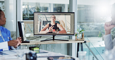 Buy stock photo Video conference, screen and people in meeting for hospital management, funding and planning in office. Telehealth, technology and doctors in virtual seminar for medical collaboration in healthcare