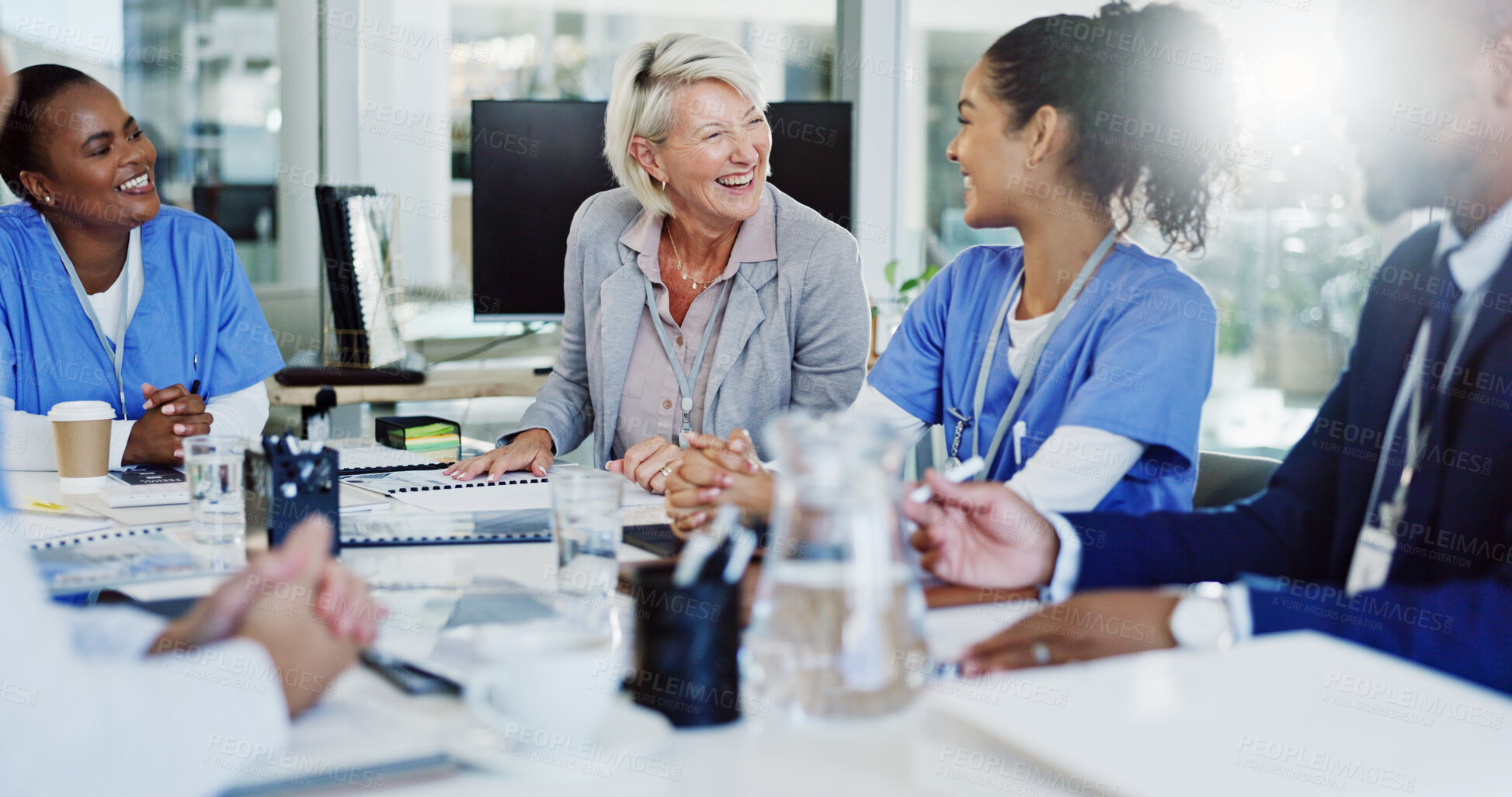 Buy stock photo Administration, healthcare and laughing with hospital manager speaking to staff for medical planning. Management, medicine and meeting with funny professional talking to medicare team in clinic