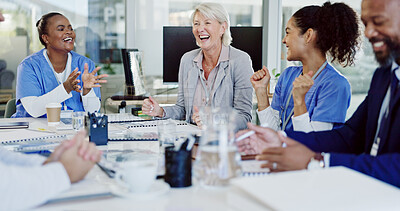 Buy stock photo Business people, doctor and meeting with team in celebration for medical discovery or success at hospital. Group, healthcare employees or happy colleagues with smile or fist pump for health program