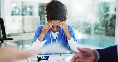 Buy stock photo Frustrated woman, nurse and headache with stress in meeting for overworked, anxiety or mistake at hospital. Female person, medical employee or healthcare worker with migraine or fatigue for chaos