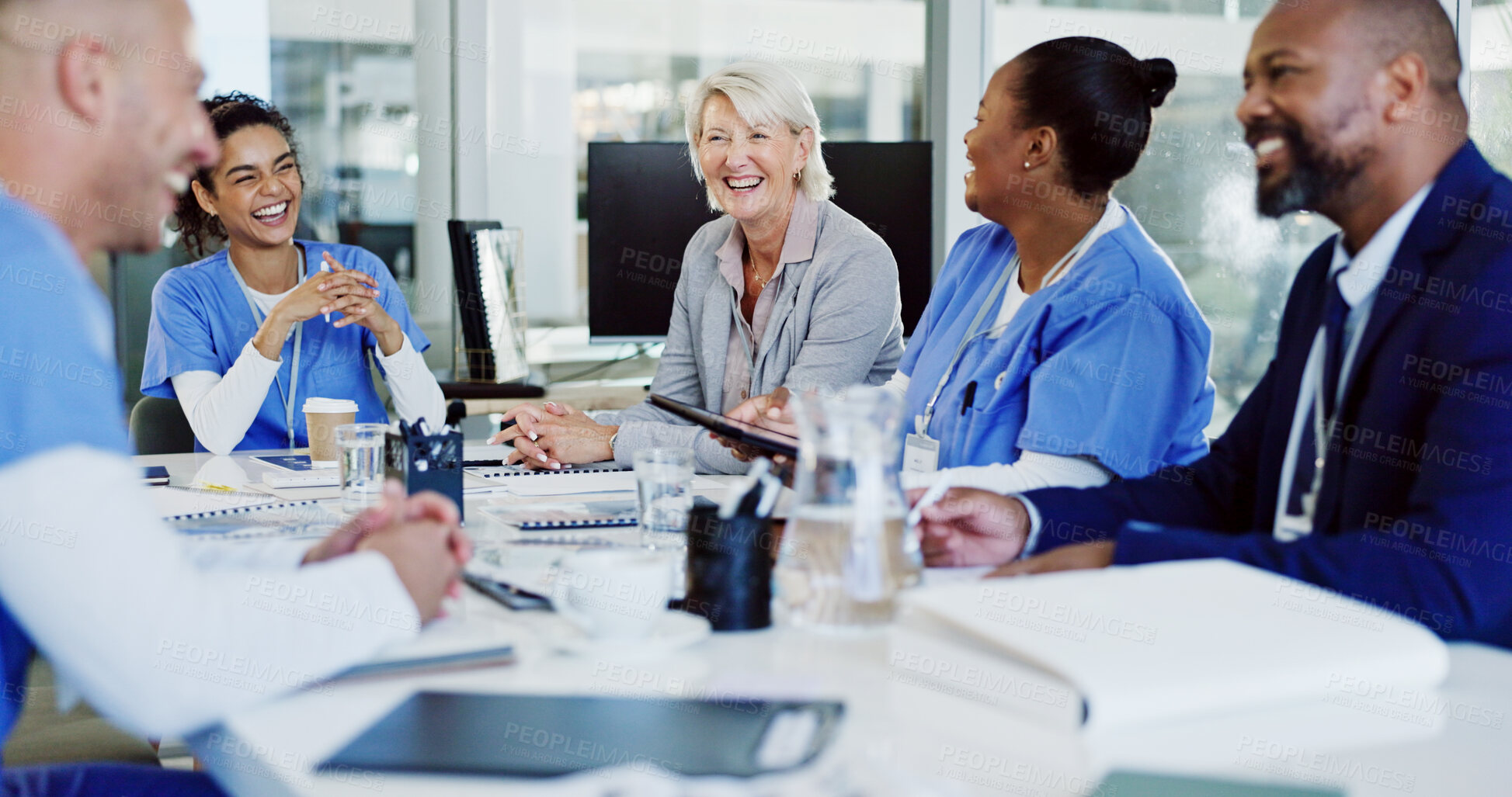 Buy stock photo Boardroom, collaboration and healthcare with hospital manager speaking to staff for medical planning. Administration, corporate and management with professional talking to medicine team in clinic