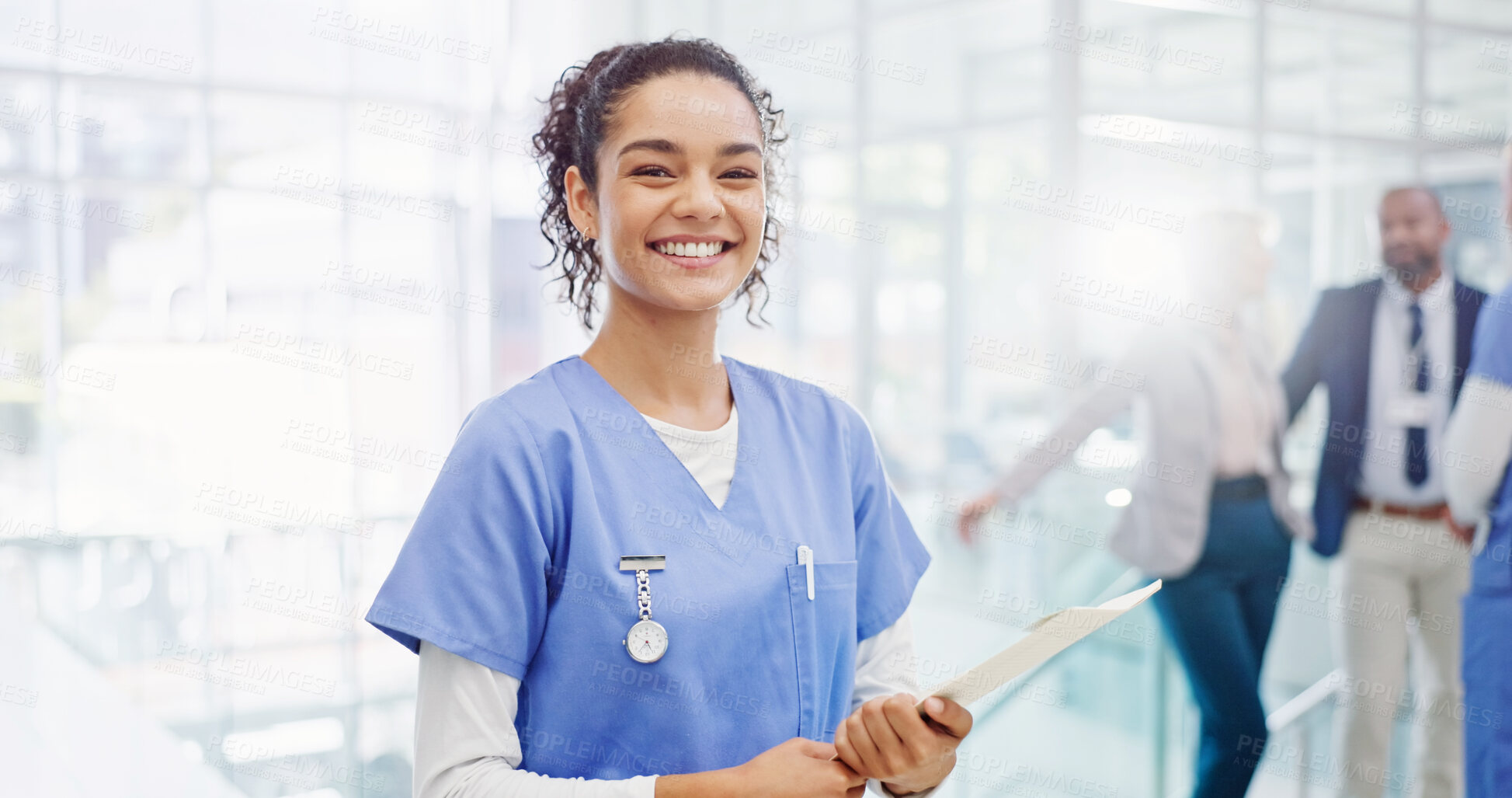Buy stock photo Healthcare, portrait and nurse in hospital with document, public service and confident. Woman, medical assistant or smile in clinic lobby with patient report, about us or paper for schedule checklist