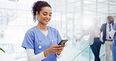 Buy stock photo Phone, reading and nurse with woman in hospital for Clade 1 mpox virus, outbreak control and healthcare report. Virologist, medical development and disease tracking with person in clinic for alert