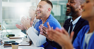 Buy stock photo People, applause and doctors in meeting, celebration and achievement with funding for research. Group, clapping and happy employees in clinic, seminar and cardiology with smile, opportunity or growth