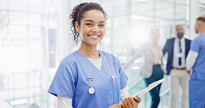 Buy stock photo Healthcare, portrait and nurse in hospital with paper, public service and confident. Woman, medical assistant or smile in clinic lobby with patient report, about us or document for schedule checklist