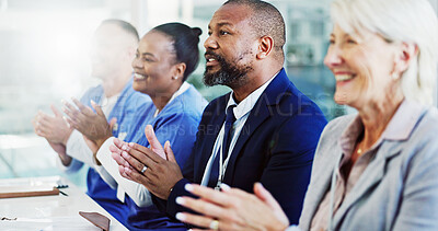 Buy stock photo Applause, group and doctors in management meeting with support, success or achievement in clinic. People, nurses and healthcare team in celebration for medical innovation, hospital funding and cheers