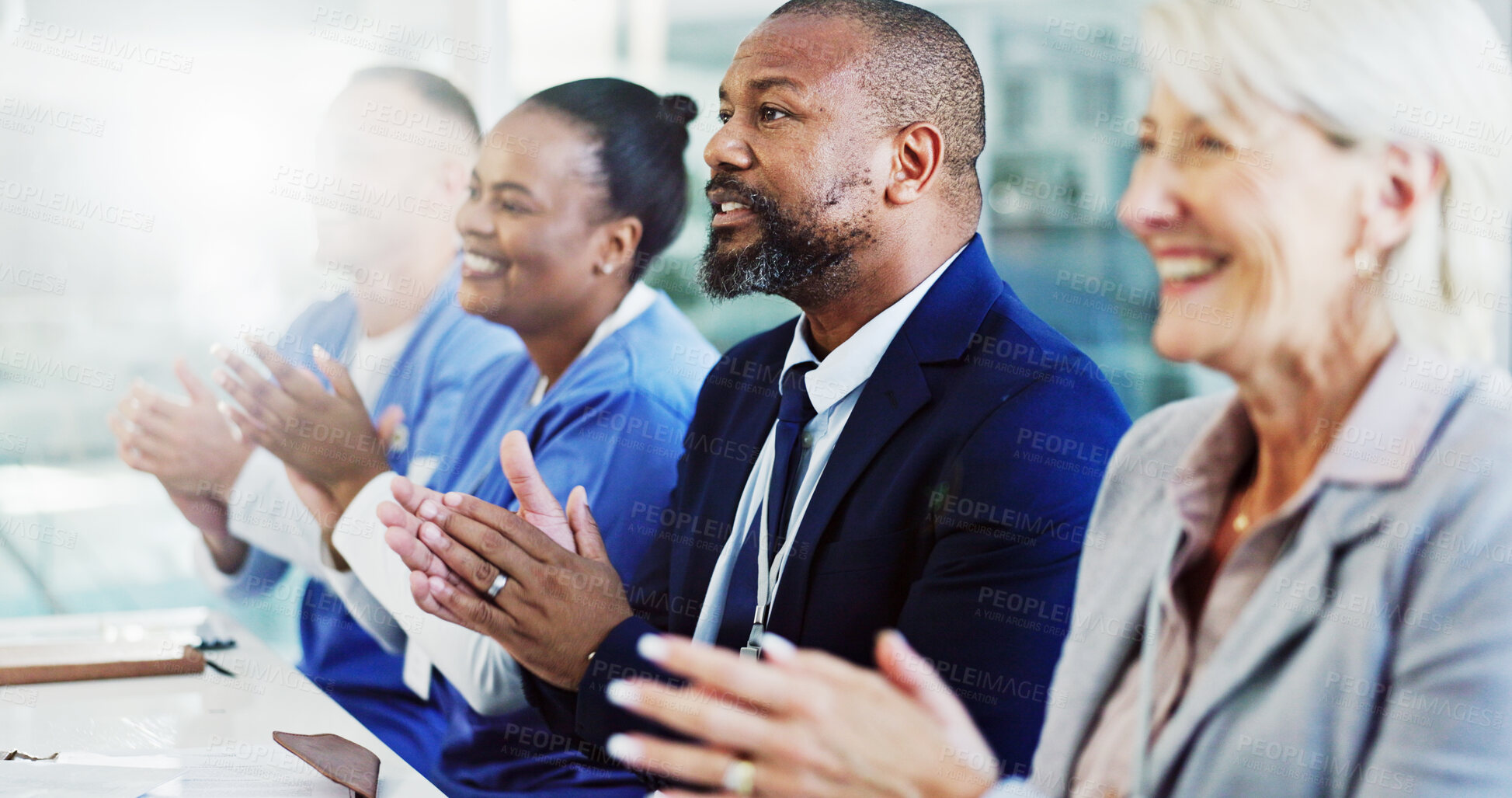 Buy stock photo Applause, group and doctors in management meeting with support, success or achievement in clinic. People, nurses and healthcare team in celebration for medical innovation, hospital funding and cheers