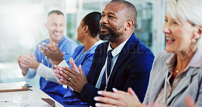 Buy stock photo Applause, people and doctors in management meeting with support, success or achievement in clinic. Smile, cheers and healthcare team in celebration for medical innovation, hospital funding or nurses