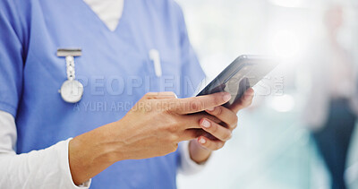 Buy stock photo Person, hands or nurse with phone for medical research, online course or health tips at hospital. Closeup, caregiver or practitioner typing with mobile smartphone for telehealth app or news at clinic