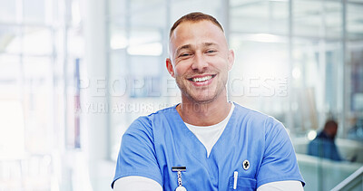 Buy stock photo Portrait, arms crossed and nurse with man in hospital for Clade 1 mpox virus, outbreak control and healthcare. Virologist, medical development and disease tracking with person in clinic for doctors