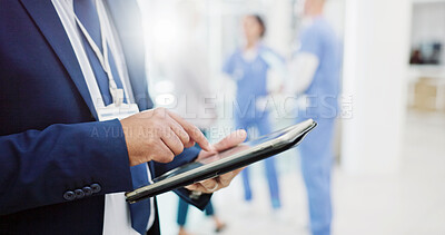 Buy stock photo Clinic, medicine and hands businessman on tablet to check or review insurance policy on app. Closeup, digital technology and manager with research project, risk management or feedback in hospital