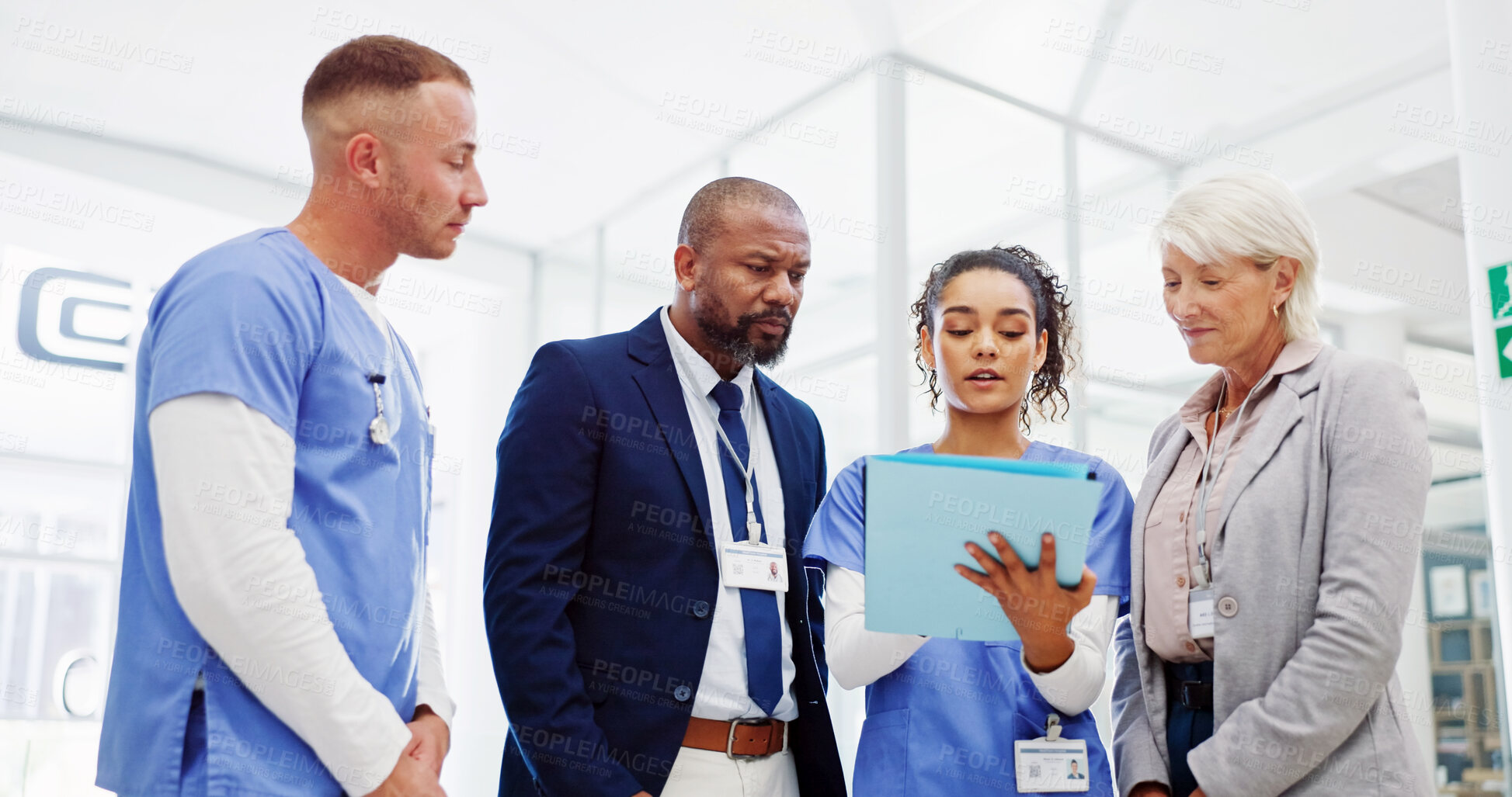 Buy stock photo Doctors, group and documents at hospital, meeting and discussion for medical review in huddle. People, men and women with report, checklist and feedback with planning for bird flu research at clinic